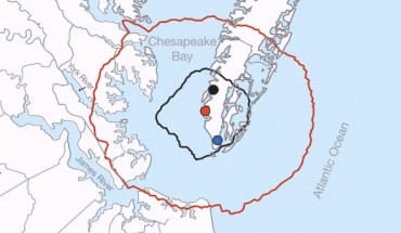 This map shows locations of Chesapeake Bay crater and coreholes; the black and red circular lines mark the outer edges of the inner and outer craters; the black circle marks the location of the deep corehole. Image credit: Sanford WE et al.