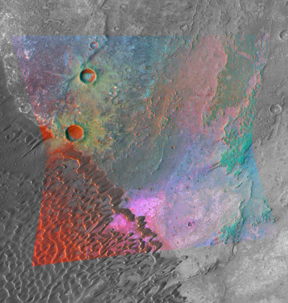 Distinctive feldspar-rich composition of Nili Patera, the Syrtis Major volcano, Mars. Image credit: NASA / JPL / JHUAPL / MSSS.