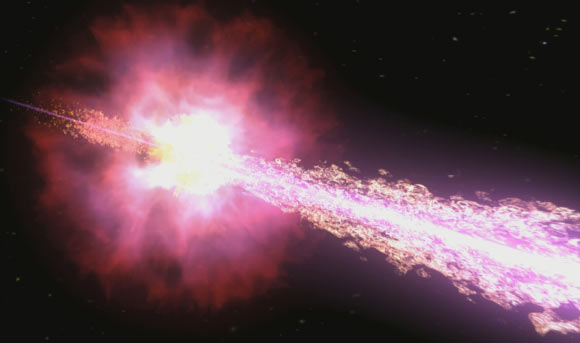 The jet from a gamma-ray burst emerging at nearly light speed. Image credit: NASA / Swift / Cruz deWilde.