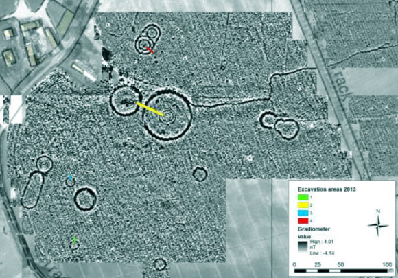 This map shows Neolithic ring ditches and 2013 excavation trenches at the archaeological site near Damerham. Image credit: Wickstead H et al.