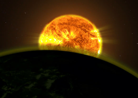 This is an artist's impression of a star's light illuminating the atmosphere of an exoplanet. Image credit: NASA's Goddard Space Flight Center.
