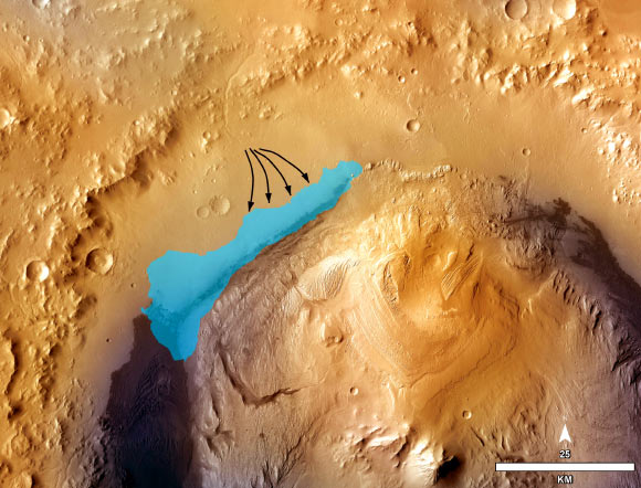 Possible extent of an ancient lake inside Gale Crater, Mars, estimated by mapping lake and stream deposits and recognizing that water flowed from the crater rim into the basin, shown by arrows.  The water would have pooled in the linear depression created between the crater rim and Mt Sharp. The base map combines image data from Mars Reconnaissance Orbiter and color information from Viking Orbiter imagery. Image credit: NASA / JPL-Caltech / MSSS.
