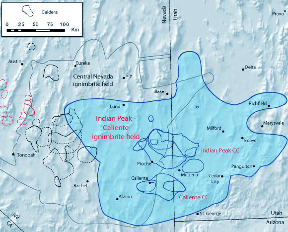 This map shows locations of ancient supervolcanoes in Utah and Nevada. Image credit: Best MG et al.