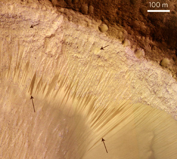 Recurrent slope linea on the south-facing slope of a crater on the floor of Melas Chasma, Mars. Image credit: McEwen AS et al / NASA / JPL-Caltech / University of Arizona. 
