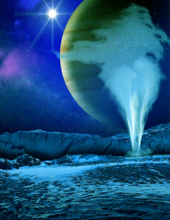 This is an artist's impression of a water-vapor geyser on Europa. Image credit: University of Cologne.