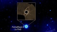 View of the Fomalhaut triple star system from Earth; the small inset shows a zoom of the newly discovered comet belt around Fomalhaut C as seen at infrared wavelengths by Herschel. Image credit: Grant Kennedy / Paul Kalas.