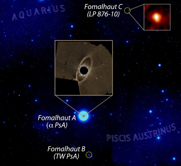 View of the Fomalhaut triple star system from Earth; the small inset shows a zoom of the newly discovered comet belt around Fomalhaut C as seen at infrared wavelengths by Herschel. Image credit: Grant Kennedy / Paul Kalas.