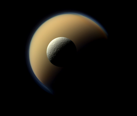 Titan and Rhea. Image credit: NASA / JPL-Caltech / Space Science Institute.