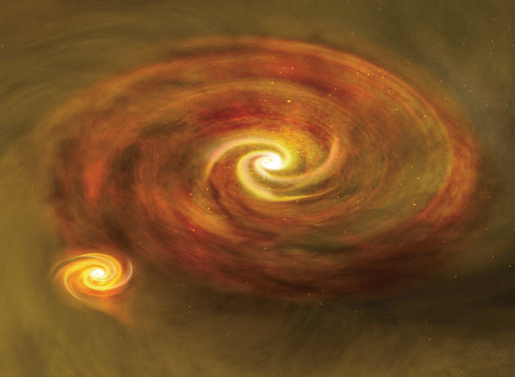 This is an artist's impression of the binary system L1165-SMM1. Image credit: Bill Saxton / NRAO / AUI / NSF.