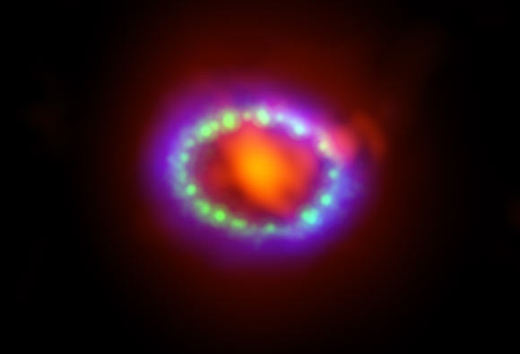This image shows the remnant of SN 1987A seen in light of very different wavelengths. ALMA data, in red, shows newly formed dust in the center of the remnant. Image credit: ALMA / ESO / NAOJ / NRAO / A. Angelich; visible light: Hubble Space Telescope; X-rays: Chandra X-Ray Observatory.