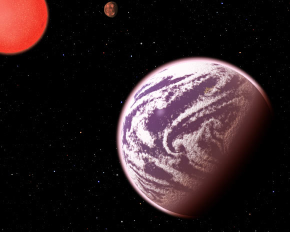 This is an artist's impression of KOI-314c, the lightest planet to have both its mass and physical size measured. KOI-314c interacts gravitationally with another planet, KOI-314b, shown in the background, causing transit timing variations that allow astronomers to measure the masses of both exoplanets. Image credit: C. Pulliam / D. Aguilar / Harvard-Smithsonian Center for Astrophysics.
