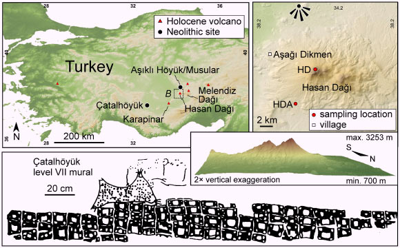 Top left: locations of Çatalhöyük, Mount Hasan and other Holocene volcanoes in Anatolia. Top right: Mount Hasan volcano and sampling location of pumice dated in the study. Center: 3D rendering of Mount Hasan twin peaks volcano as seen from the north. Bottom: rendering of the wall painting. Image credit: Schmitt AK et al.