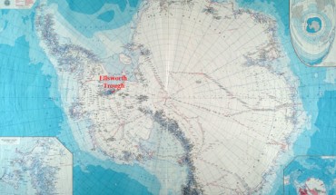 This map of Antarctica shows the rough location of the recently discovered Ellsworth Trough. Image credit: American Geological Society / Polar Geospatial Center.