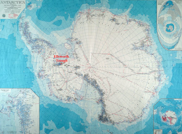 This map of Antarctica shows the rough location of the recently discovered Ellsworth Trough. Image credit: American Geological Society / Polar Geospatial Center.