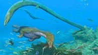 This is an artist’s impression of a shallow reef in the latest Middle Triassic of China. The newly discovered Fuyuansaurus acutirostris was similar to another protorosaur, Tanystropheus longobardicus (long-necked reptile in the center). Image credit: © Brian Choo, 2013.