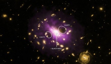 This is a composite image of the galaxy cluster RX J1532.9+3021, located about 3.9 billion light years from Earth. The labels show the location of two enormous X-ray cavities, created by jets from a central black hole that have pushed aside hot gas. Image credit: X-ray – NASA / CXC / Stanford / J. Hlavacek-Larrondo et al.; optical – NASA / ESA / STScI / M. Postman & CLASH team.