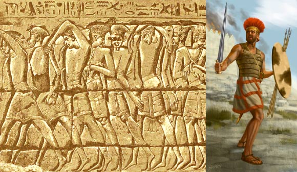 Left: captive Philistine warriors from a wall relief at Medinet Habu, Egypt, 1185-1152 BC. Right: an artist's conception of a Philistine warrior. Image credit: John Shumate.