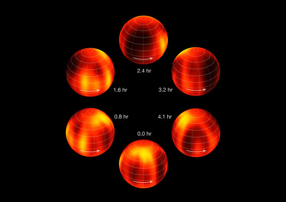 The image shows Luhman 16B at six equally spaced times as it rotates once on its axis. Image credit: ESO / I. Crossfield.