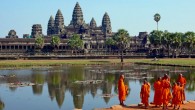 Buddhist monks in front of the reflection pool at Angkor Wat, the capital of the Khmer Empire. The founding city of the Empire was called Mahendraparvata. Image credit: Sam Garza / CC BY 2.0.