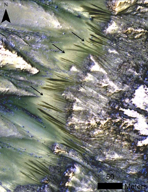 Recurring slope lineae emanating from bedrock exposures at Palikir crater on Mars during southern summer. Image credit: Lujendra Ojha et al / Geophysical Research Letters.