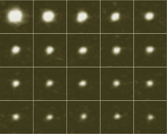 Mosaic of zoomed images showing the flash evolution with time during the first 2 seconds; time increases from left to right in each row, starting from the upper left; the interval between two consecutive images in the same row is 0.1 s. Image credit: Jose M. Madiedo et al.