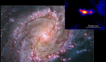 Nearby spiral galaxy M83 and the MQ1 system with jets, as seen by the Hubble Space Telescope. The blue circle marks the position of the MQ1 system in the galaxy, shown inset. Credit: M83 – NASA / ESA / Hubble Heritage Team / WFC3 / UVIS / STScI-PRC14-04a; MQ1 inset - W. P. Blair, Johns Hopkins University / R. Soria, ICRAR-Curtin.