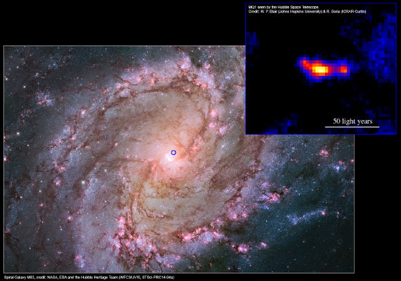 Nearby spiral galaxy M83 and the MQ1 system with jets, as seen by the Hubble Space Telescope. The blue circle marks the position of the MQ1 system in the galaxy, shown inset. Credit: M83 – NASA / ESA / Hubble Heritage Team / WFC3 / UVIS / STScI-PRC14-04a; MQ1 inset - W. P. Blair, Johns Hopkins University / R. Soria, ICRAR-Curtin.
