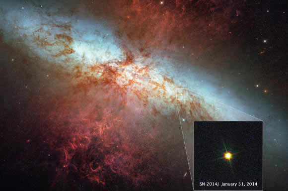 This Hubble image shows the supernova SN 2014J in the nearby galaxy M82. Image credit: NASA / ESA / A. Goobar, Stockholm University / Hubble Heritage Team / STScI / AURA.