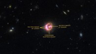 Multiple images of the quasar RX J1131-1231 are visible in this data from Chandra and Hubble. Image credit: X-ray - NASA / CXC / University of Michigan / R.C. Reis et al; optical – NASA / STScI.