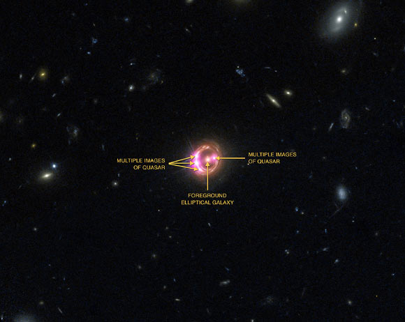 Multiple images of the quasar RX J1131-1231 are visible in this data from Chandra and Hubble. Image credit: X-ray - NASA / CXC / University of Michigan / R.C. Reis et al; optical – NASA / STScI.