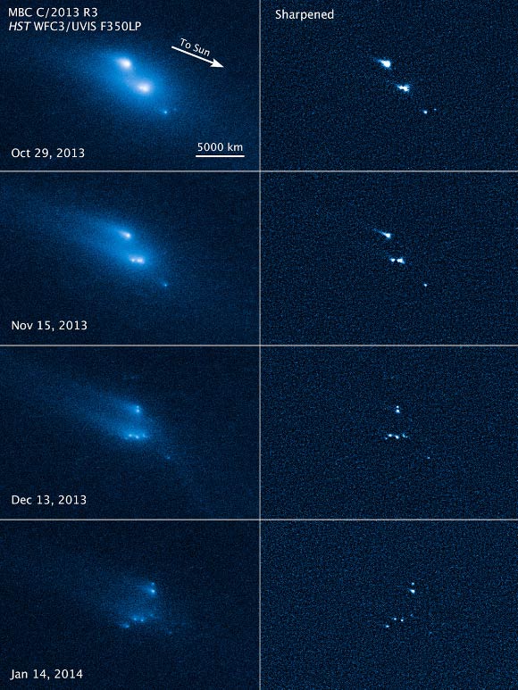 These images reveal the breakup of the P/2013 R3 over a period of several months starting in late 2013. The largest fragments are up to 180 m in radius. Image credit: NASA / ESA / D. Jewitt, UCLA.