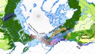 This polar projection map of Asia and North America shows the approximate terminal Pleistocene shoreline: the center of geographic distribution of Yeniseian and Na-Dene language is in Beringia; from this center burgundy arrows extend toward the North American coast and into Siberia; a blue arrow indicates Interior dispersals of Na-Dene. Image credit: Mark Sicoli / Gary Holton.