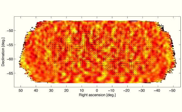 The tiny temperature fluctuations of the cosmic microwave background, shown here as color, trace primordial density fluctuations in the early universe that seed the later growth of galaxies. Gravitational waves from inflation are expected to produce much a fainter pattern that includes twisting B-mode polarization, consistent with the B-mode polarization pattern observed by BICEP2, which is shown here as black lines. The line segments show the polarization strength and orientation at different spots on the sky. Image credit: BICEP2 Collaboration.