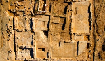 A 1,500-year-old monastery with well-preserved mosaic floors unearthed near the Bedouin village of Hura, Israel. Image credit: Skyview Company / Israel Antiquities Authority.
