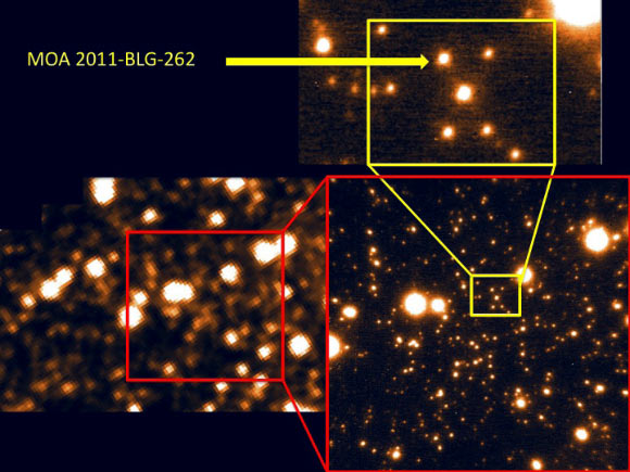 These images from the VISTA 4-m-telescope show the exoplanet-exomoon system MOA-2011-BLG-262. Image credit: D. P. Bennett et al.