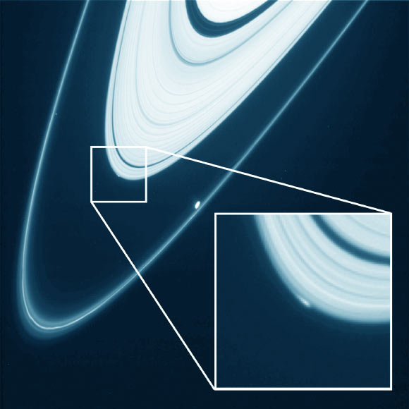 This image, taken with the Cassini's narrow angle camera on April 15, 2013, shows an extended object 10 km beyond the edge of the Saturn’s A ring. Image credit: Carl D. Murray et al.