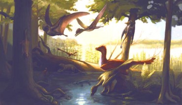 Reconstruction of the Daohugou fauna featuring feathered dinosaurs, pterosaurs, early mammals and amphibians among others. Image credit: Julia Molnar.