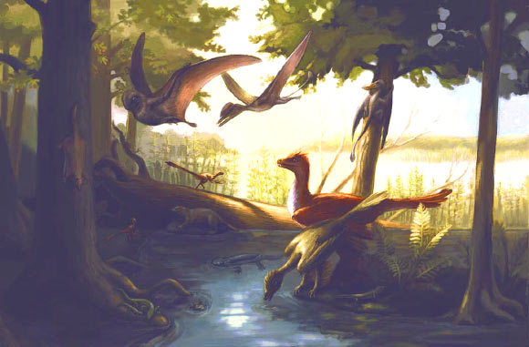 Reconstruction of the Daohugou fauna featuring feathered dinosaurs, pterosaurs, early mammals and amphibians among others. Image credit: Julia Molnar.