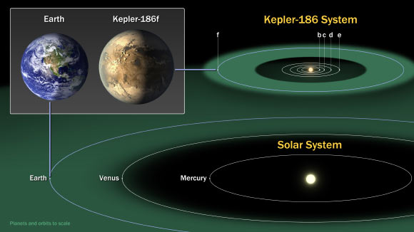 This diagram compares the planets of the inner Solar System to the five-planet system Kepler-186. Image credit: NASA Ames / SETI Institute / JPL-CalTech.