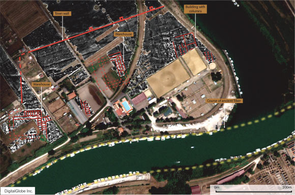 Newly discovered features at Ostia. Satellite imagery courtesy of Digital Globe Inc.