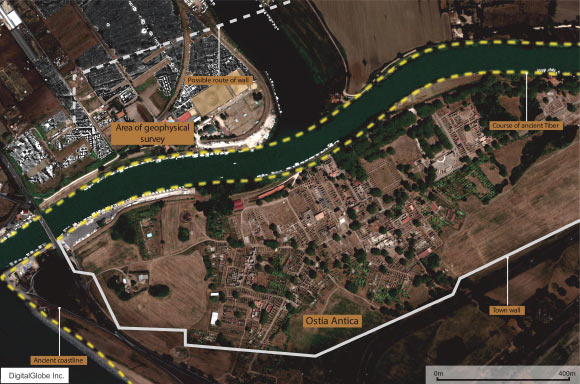 Newly discovered features at Ostia. Satellite imagery courtesy of Digital Globe Inc.