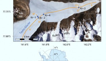 Top: satellite imagery of Taylor Glacier. Kr-81 sampling locations are indicated as blue dots. Bottom: location of Taylor Glacier on map of Antarctica. Image credit: Christo Buizert et al.