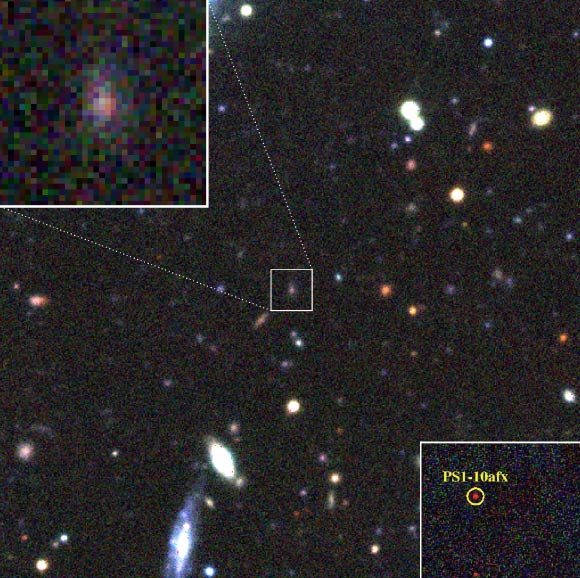 This image, taken with the Canada-France-Hawaii-Telescope, shows the field before the supernova PS1-10afx. Image credit: Kavli Institute for the Physics and Mathematics of the Universe / CFHT. The right inset shows PS1-10afx. Image credit: R. Chornock et al.