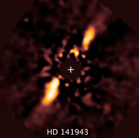 This image shows a debris disk around HD 141943. Image credit: NASA / ESA / R. Soummer, Ann Feild, STScI.