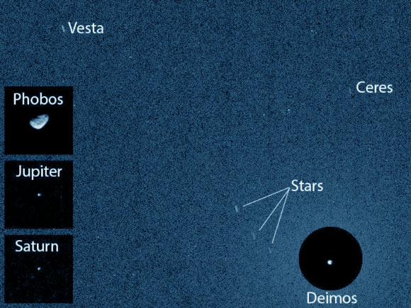 This false-color image shows minor planets Ceres and Vesta, Martian moons Phobos and Deimos, planets Jupiter and Saturn, as seen by NASA's Curiosity Mars rover. Image credit: NASA / JPL-Caltech / MSSS / Texas A&M.