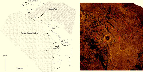 The Drop 45 Drive Lane. Left: a plan showing the major topographic and cultural features associated with the drive lane - black dots represent the location of placed stones; the hunting blinds incorporated within the main drive lane feature are labeled. Right: an acoustic image of the drive lane produced via a mosaic of scanning sonar images. Image credit: O’Shea JM et al.