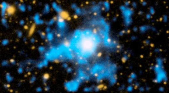 This image, with taken with the Palomar Cosmic Web Imager, shows the quasar QSO 1549+19; blue shows hydrogen gas surrounding and inflowing to the quasar. Image credit: Christopher Martin / Robert Hurt.