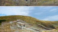 Outcrop photographs from the Bow City crater: top - panoramic view; bottom - a close-up showing thrust faults, outlined in red; geologist kneeling on outcrop, black arrow, for scale. Image credit: Paul Glombick et al.