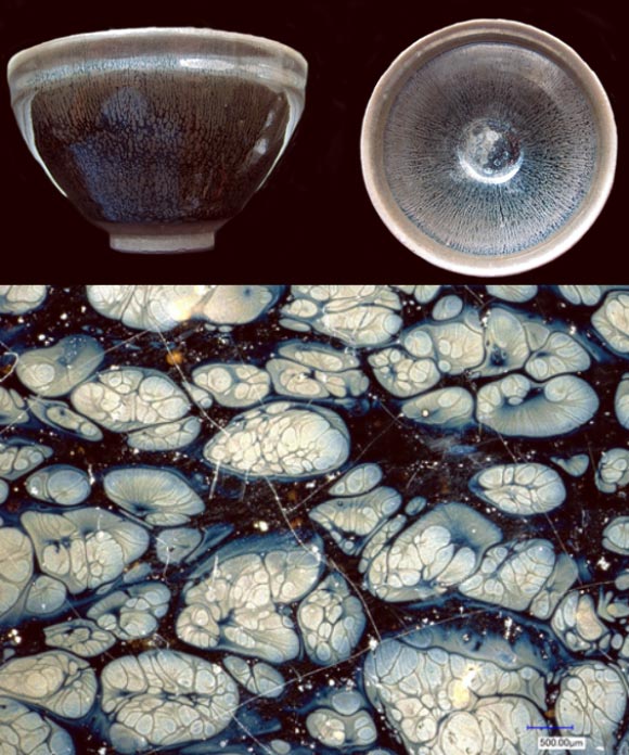 Top: modern replica of a Tenmoku tea bowl with oil spot surface patterns. Bottom: close-up of the oil spot pattern from an ancient Jian ware. Credit: Weidong Li / Zhi Liu.