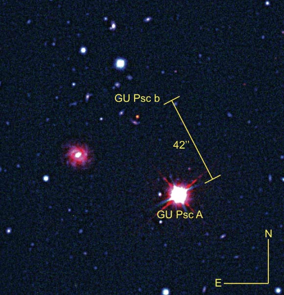 This composite image shows the exoplanet GU Psc b and its host star. Image credit: Marie-Eve Naud et al.